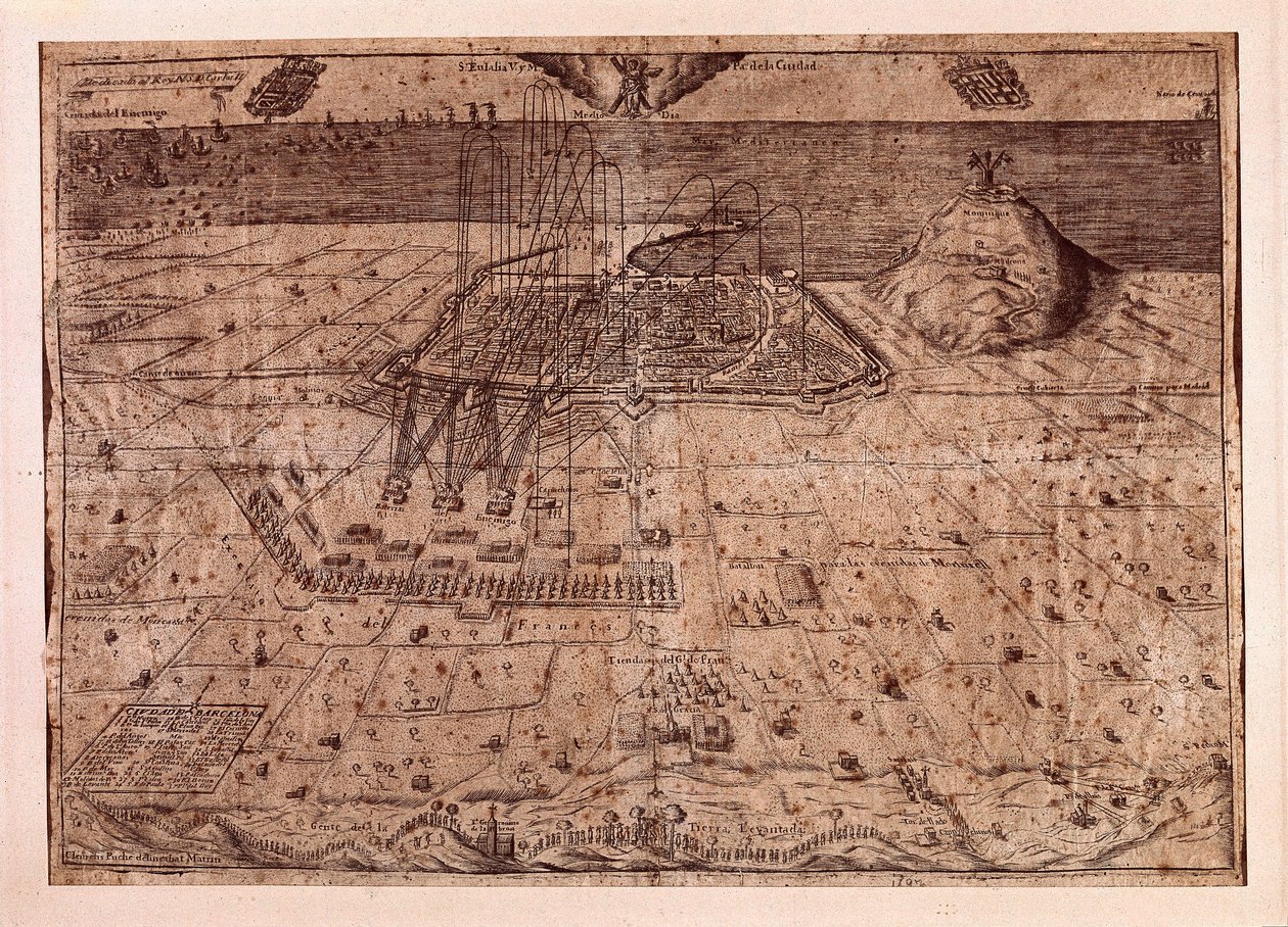 De opstand van Catalonië of de oorlog van de oogsters (1640-1659), het beleg van Barcelona over zee en land door de troepen van Filips IV van Spanje (1605-1665). Gravure 1652. Stadshistorisch Museum, Barcelona. door Spanish School
