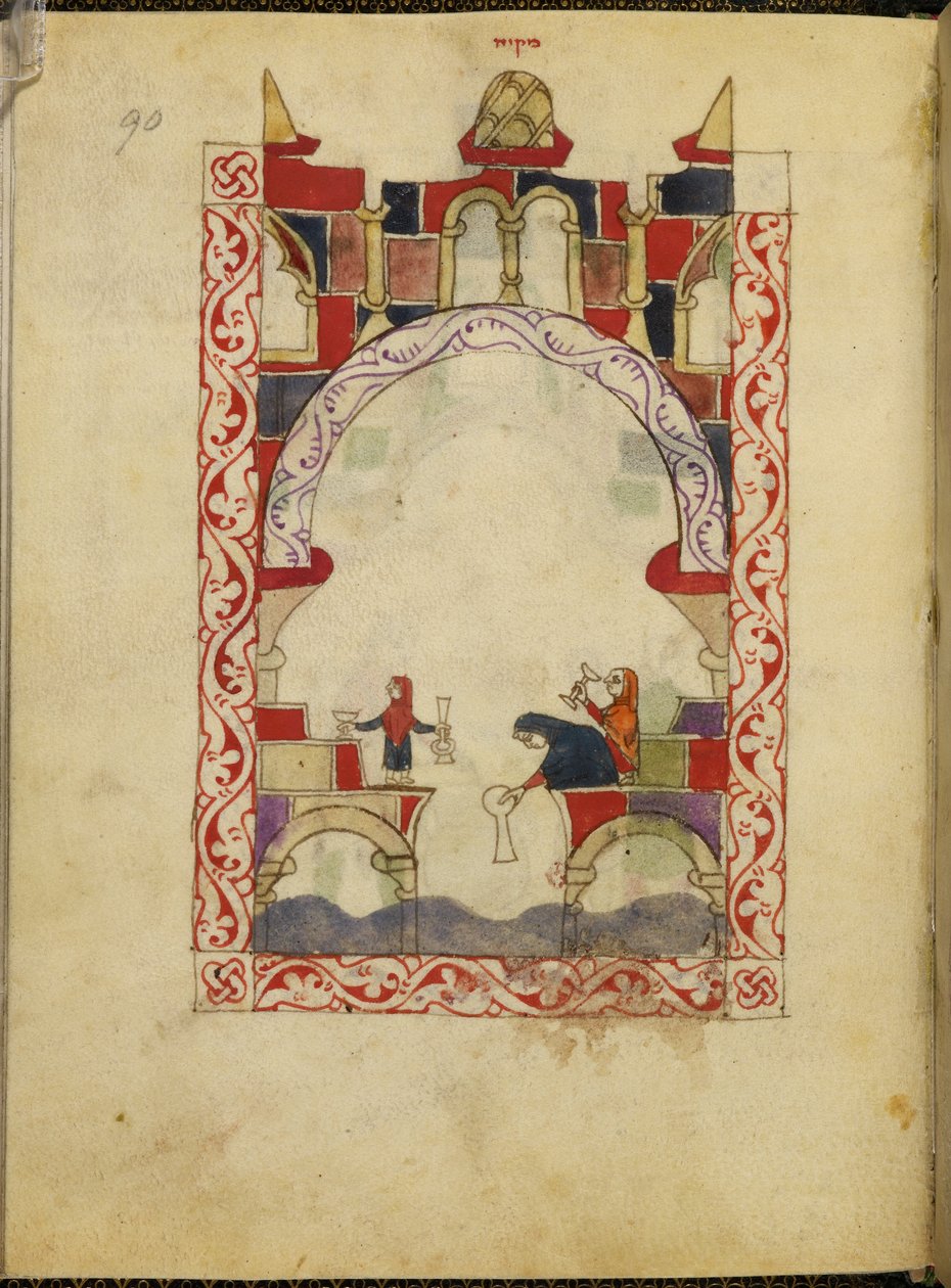 Drie vrouwen dompelen vaten onder in een poel. Verlucht handschrift van een Hispano-Moorse Haggada, c.1300, Spanje, Or. 2737, fol. 90 door Spanish School