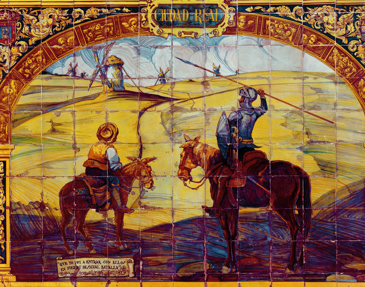 Tegels die Don Quichot en Sancho Panza weergeven die zich voorbereiden om de windmolens aan te vallen (keramiek) door Spanish School