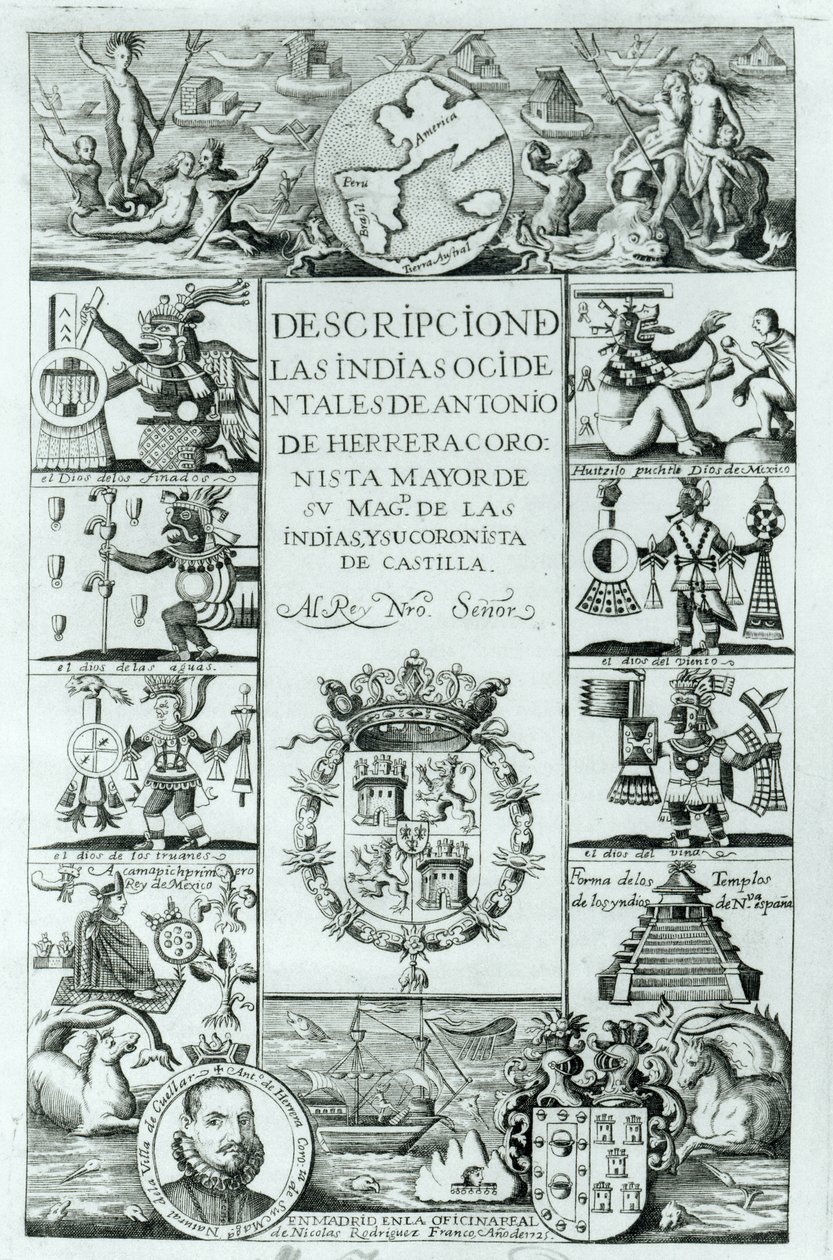 Titelpagina van Descripcion de las Indias Ocidentales door Antonio de Herrera y Tordesillas, Madrid editie, 1725 door Spanish School