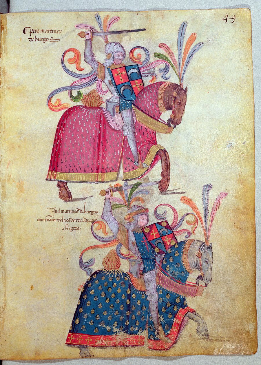 Twee ridders, uit het Libro de Los Caballeros de Santiago door Spanish School