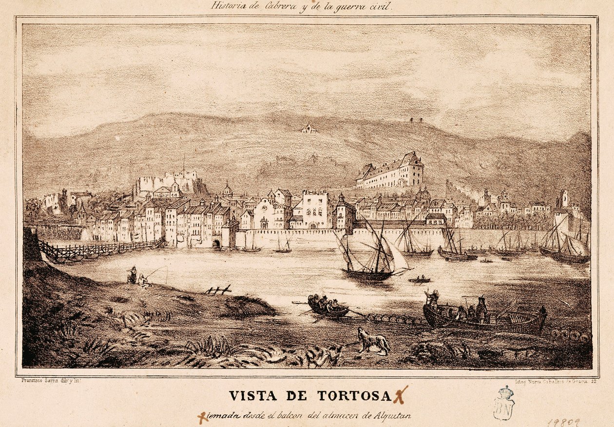Uitzicht op de stad Tortosa in Spanje, in "Historia de Cabrera y de la Guerra Civil" door Damaso Calbo y Rochina de Castro door Spanish School