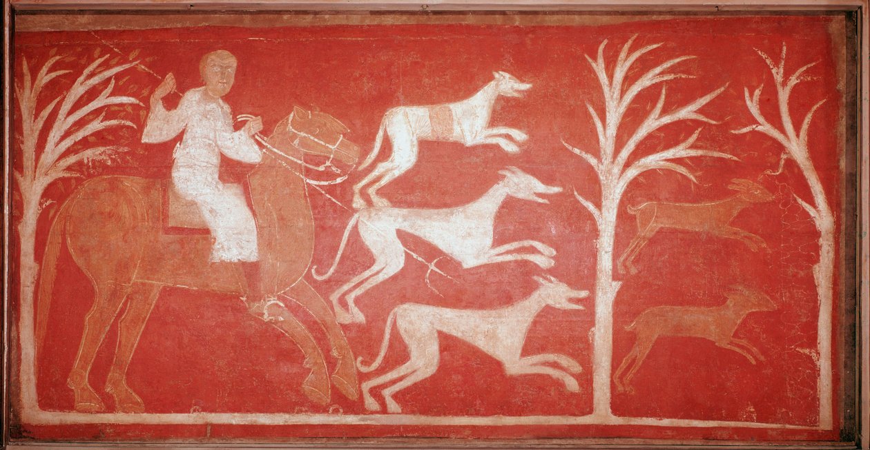 Jachtscène met honden die achter wild aanrennen. 1150. Fresco uit de hermitage van Baudelio de Berlanga, Soria. Bewaard in het Prado Museum. door Spanish School