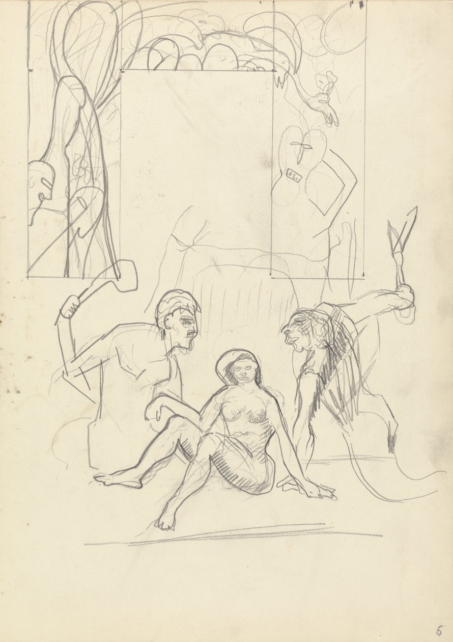 Ontwerp voor een decoratieve deuropening: primitieve mensen, voor de Cave of the Golden Calf door Spencer Frederick Gore