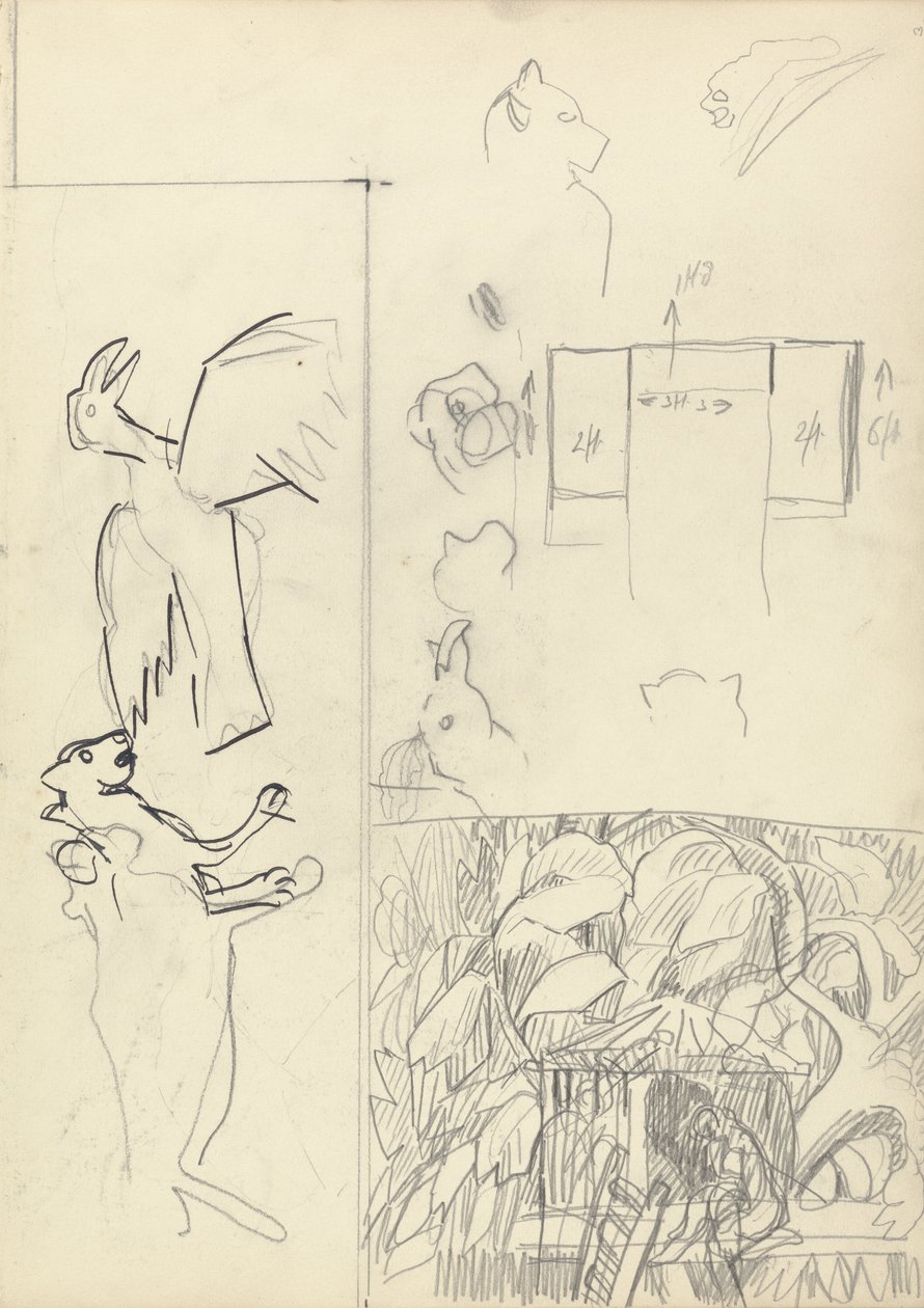Studies van boomhutten, dieren en plattegrond, voor de Cave of the Golden Calf door Spencer Frederick Gore