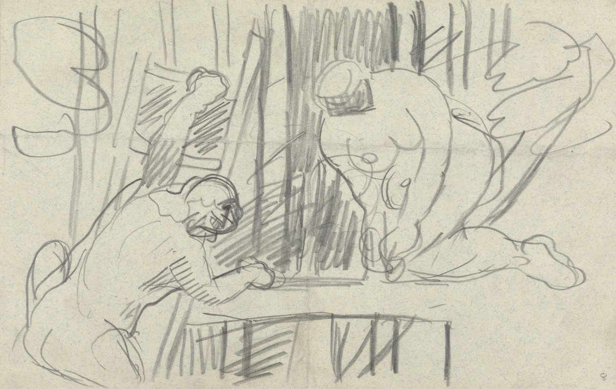 Studie van een boomhut met primitieve mensen, voor de Cave of the Golden Calf door Spencer Frederick Gore