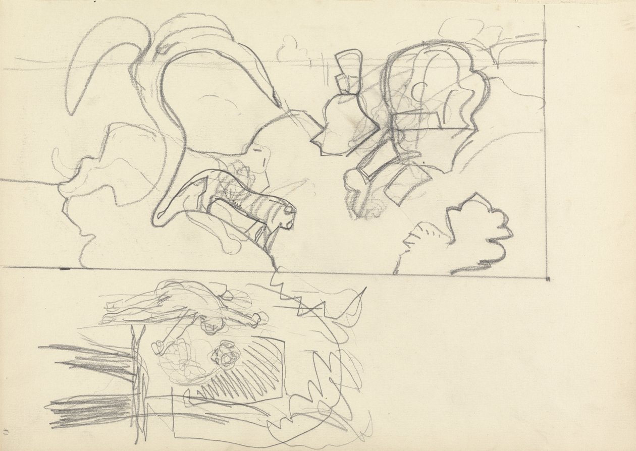Boomhut, en ontwerp voor panelen met dieren, voor de Cave of the Golden Calf door Spencer Frederick Gore