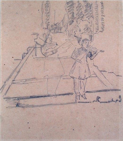 De muzikanten bij de voetlichten, ca. 1910 door Spencer Frederick Gore