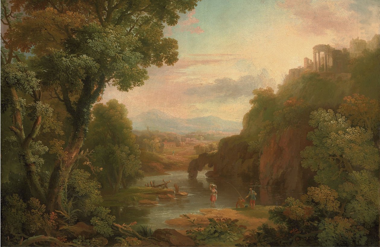 Een klassiek landschap met vissers en een wasvrouw, een villa op een heuvel en bergen daarachter door Sr. George Barret