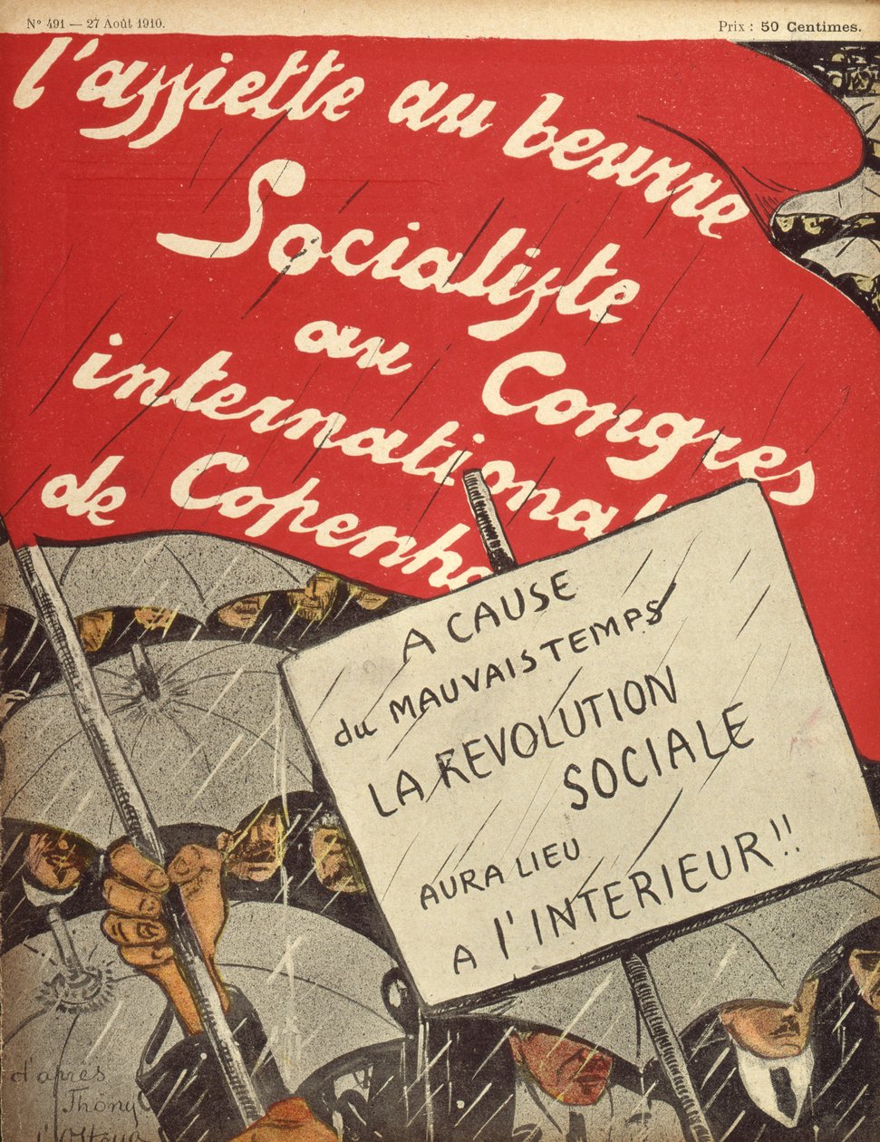 Vanwege slecht weer zal de sociale revolutie binnenshuis plaatsvinden, titelpagina uit L