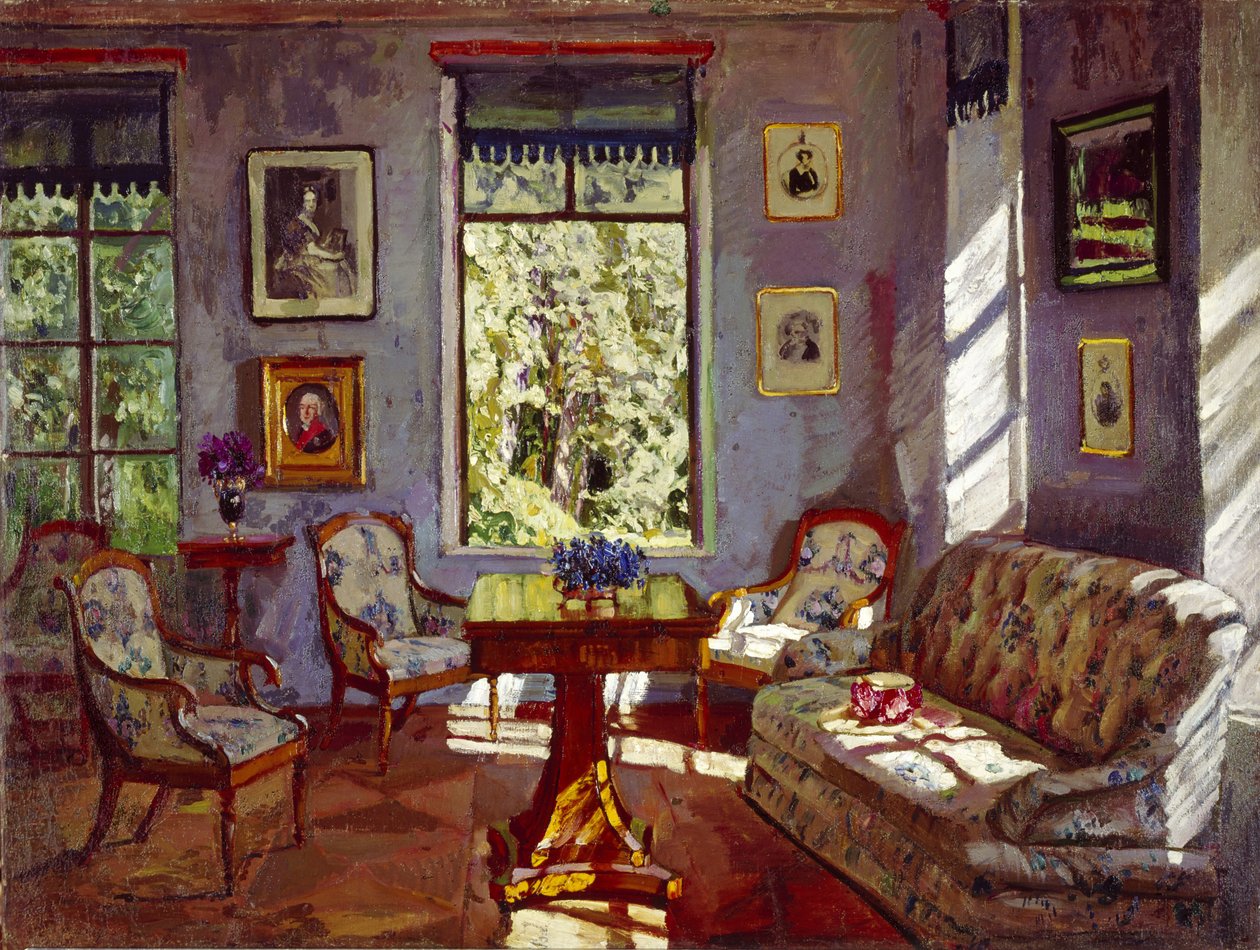 De zitkamer in het landhuis Rozhdestveno, 1916 door Stanislav Julianovic Zukovskij