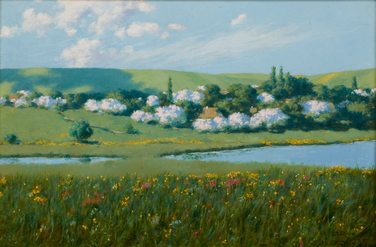 Landschap in de lente met een vijver door Stanislaw Ignacy Witkiewicz