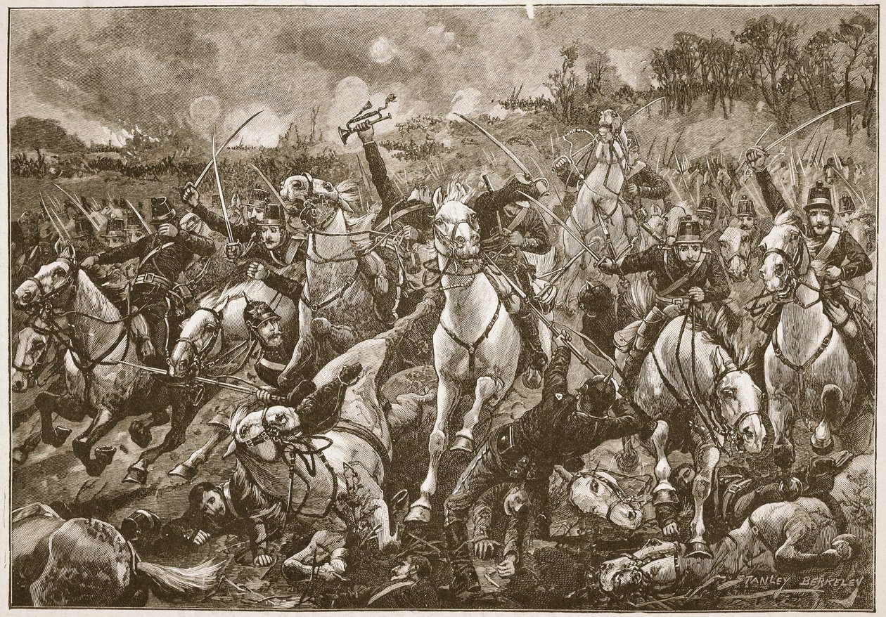 Donderend de helling af, braken de eskadrons door de linie van Schermutselingen, illustratie uit 