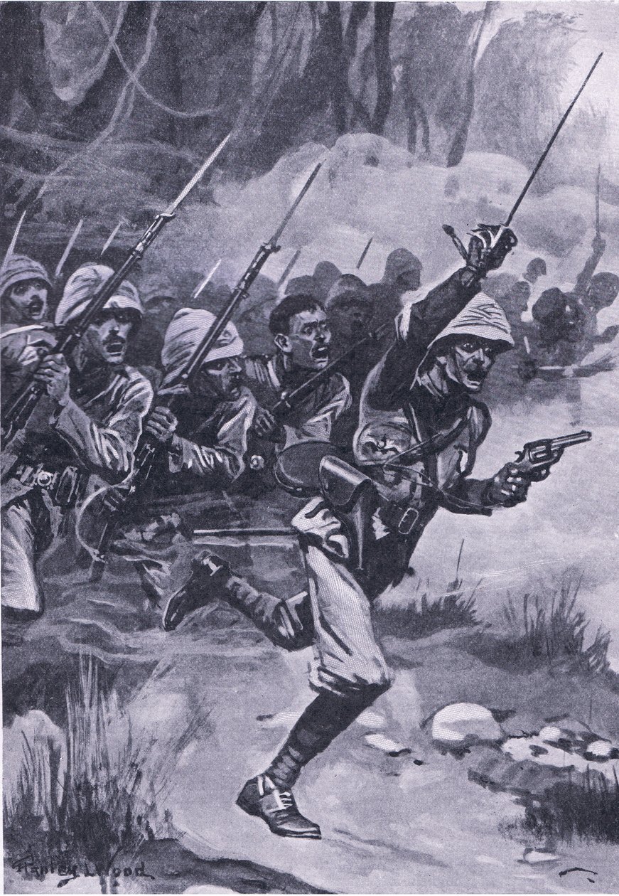 Britse aanval op de Ashantis bij Amoaful, 31 januari 1874, illustratie uit British Battles on Land and Sea, 1915 door Stanley L. Wood