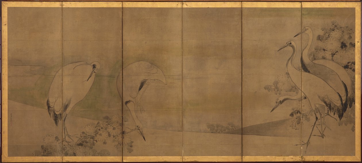 Kraanvogels en chrysanten, Momoyama of Edo periode door Sôtatsu