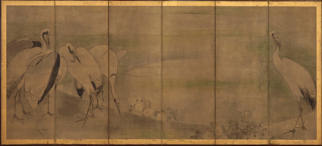 Kraanvogels en chrysanten, Momoyama of Edo periode door Sôtatsu