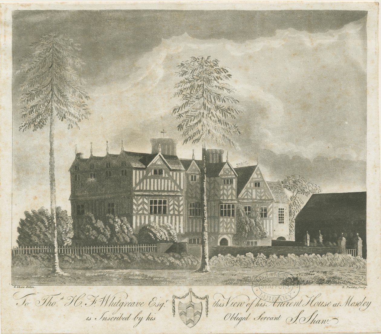 Bushbury - Moseley Oud Hall (aquatint gravure) door Stebbing Shaw