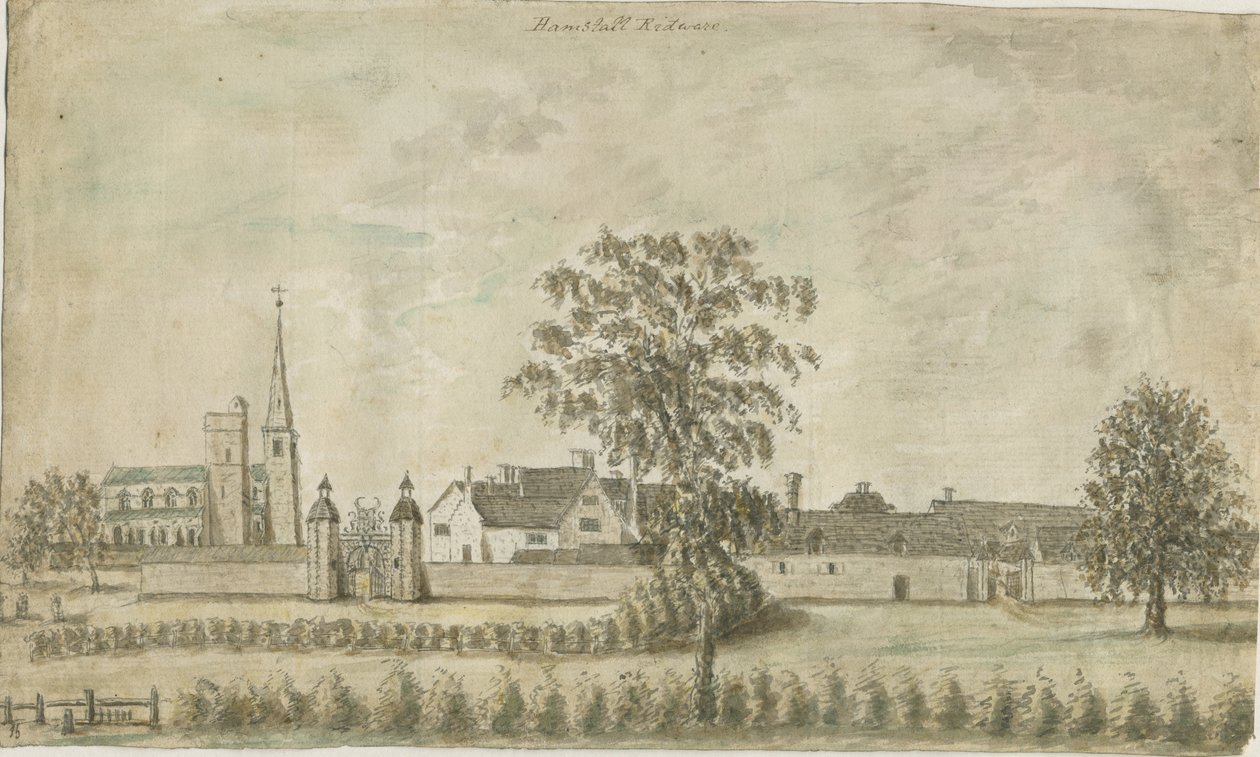 Hamstall Ridware - Kerk en landhuis: aquarel schilderij, nd [1762-1802] door Stebbing Shaw