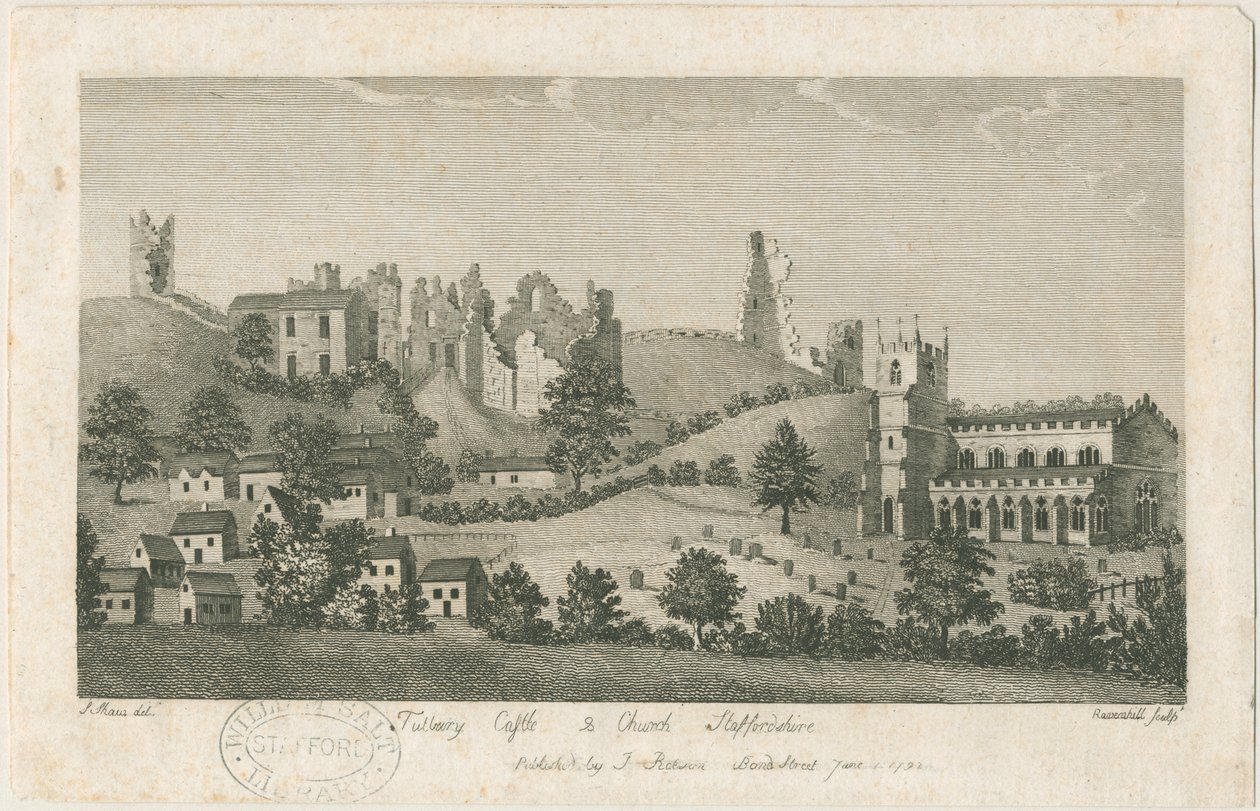 Tutbury Kasteel en Kerk - Zuidoostaanzicht: gravure, nd [1762-1792] door Stebbing Shaw
