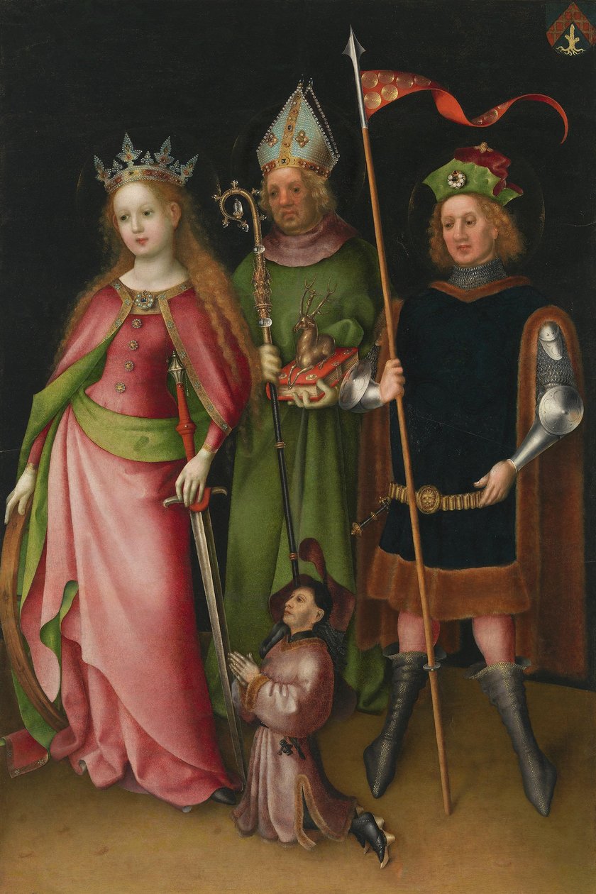 Vleugels van het altaarstuk van het Laatste Oordeel: de heiligen Catharina, Hubertus en Quirinus van Neuss met schenker door Stefan Lochner