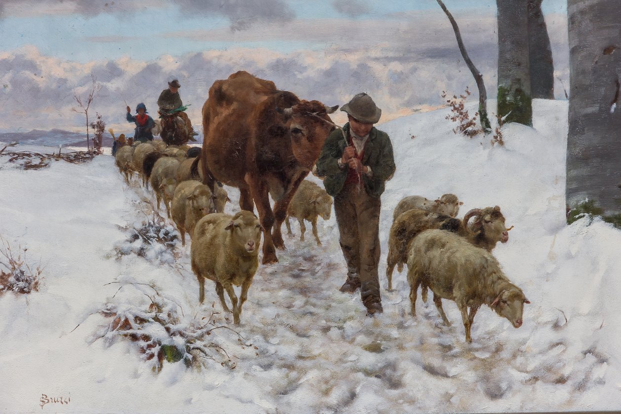 Terug van de markt na de sneeuwval, voor 1877 door Stefano Bruzzi