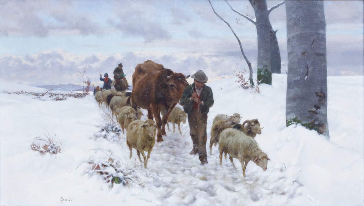 Terug van de markt na de sneeuwval, voor 1877 door Stefano Bruzzi