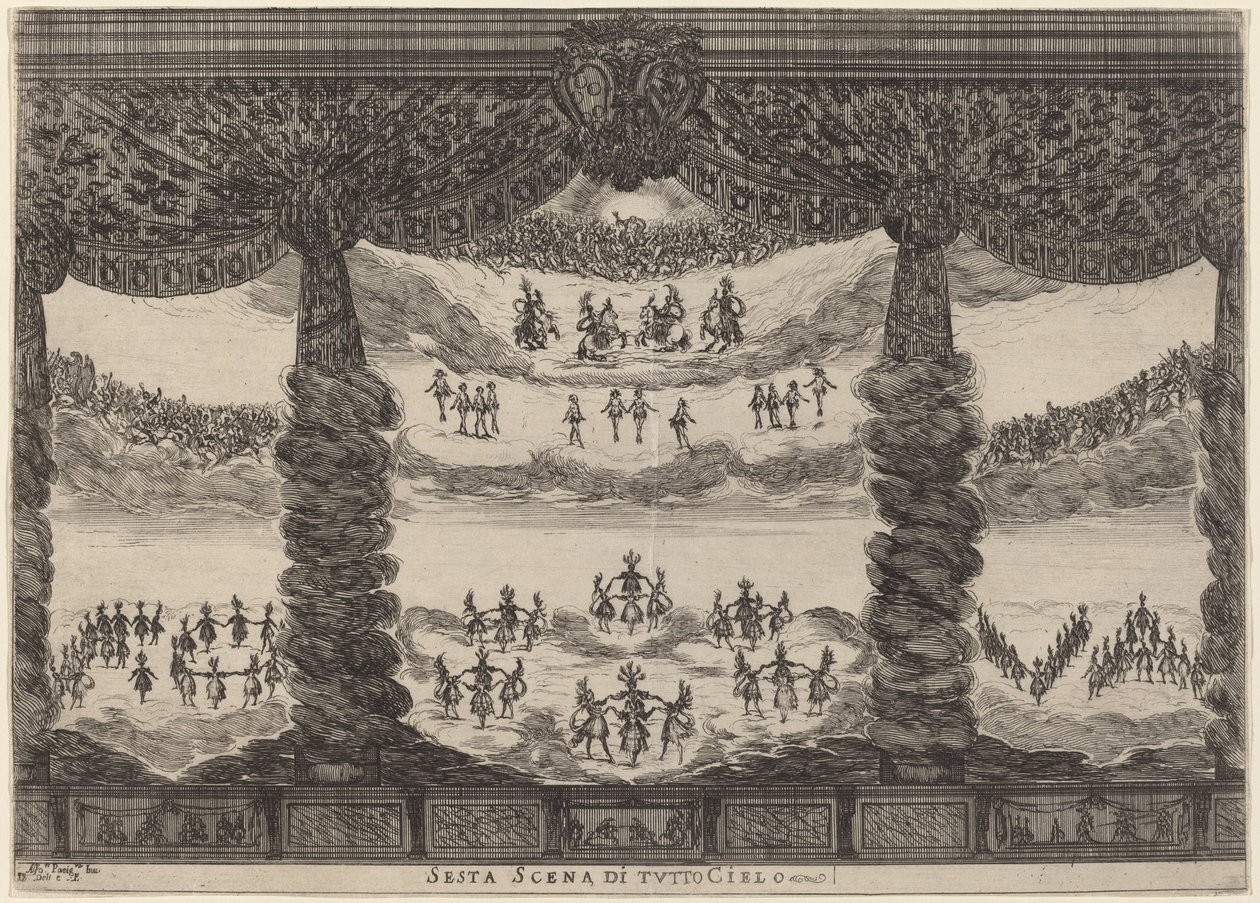 Zesde Scène van de Hele Hemel door Stefano Della Bella after Alfonso Parigi II