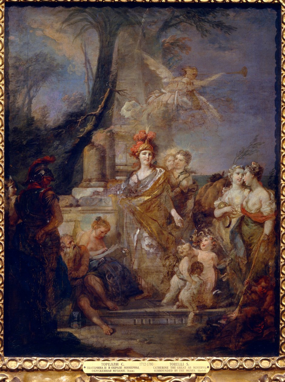 Keizerin Catharina II als Minerva in de kring van de muzen door Stefano Torelli