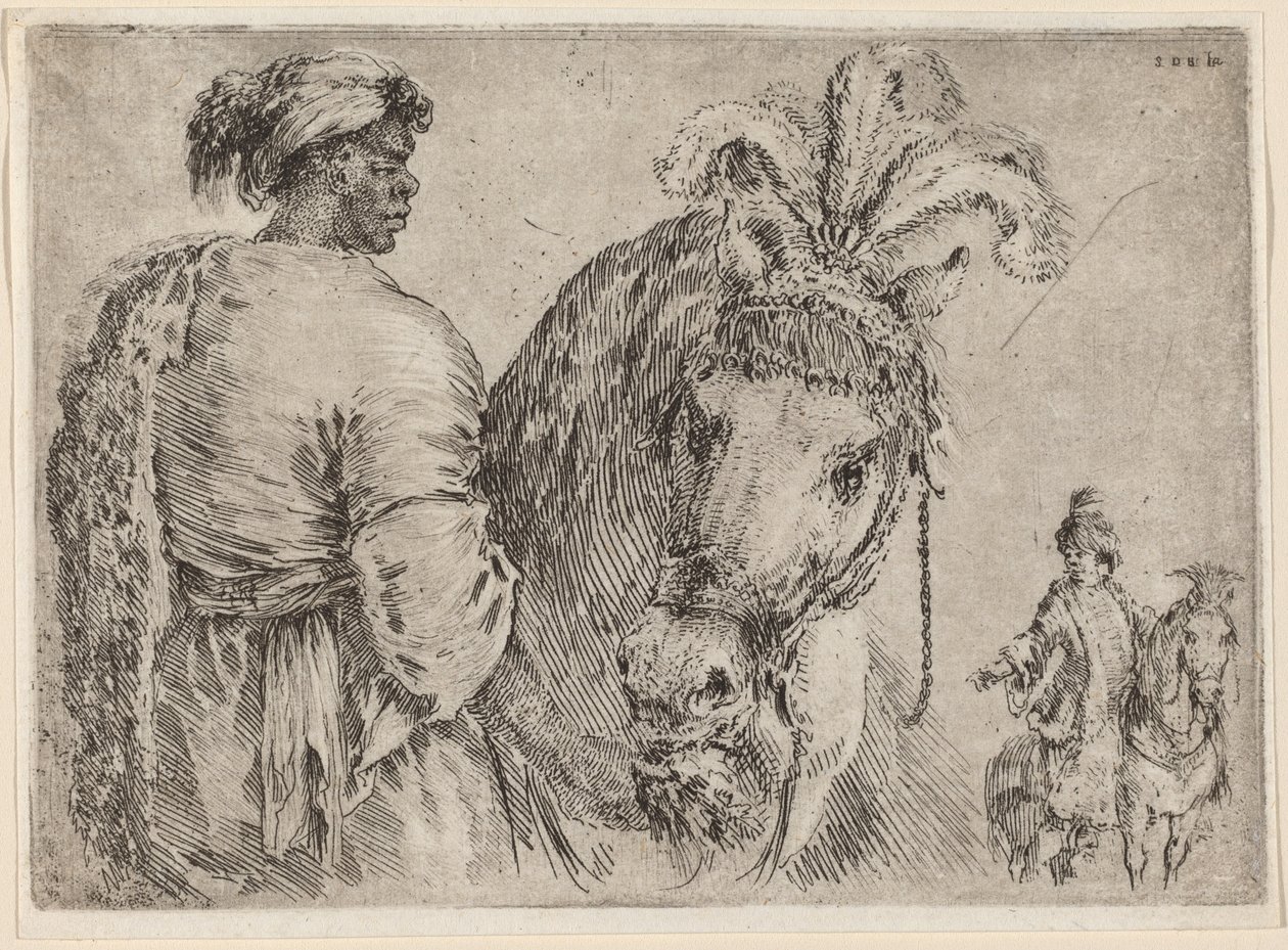 Een zwarte man die een paard voedt, waarschijnlijk 1662 door Stefano della Bella