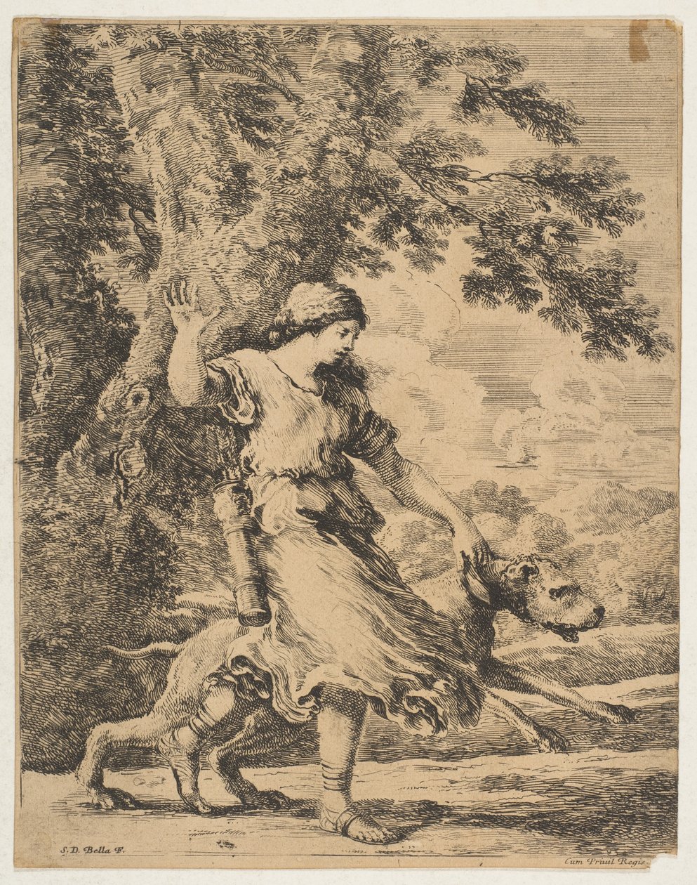 Een nimf houdt een grote hond bij zijn halsband, ca. 1654 door Stefano della Bella