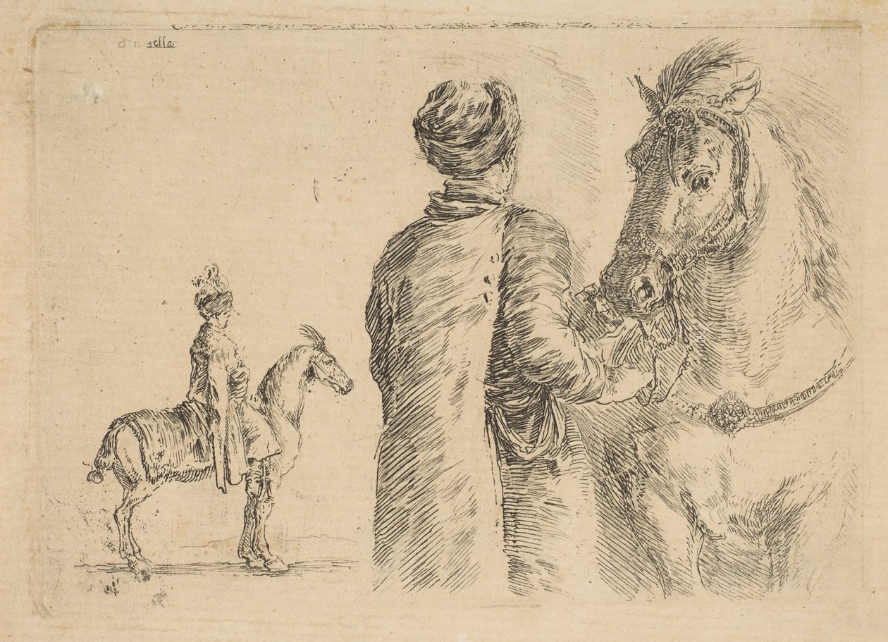 Een Poolse stalknecht, van achteren, een paard aan de teugel houdend, ca. 1662 door Stefano della Bella