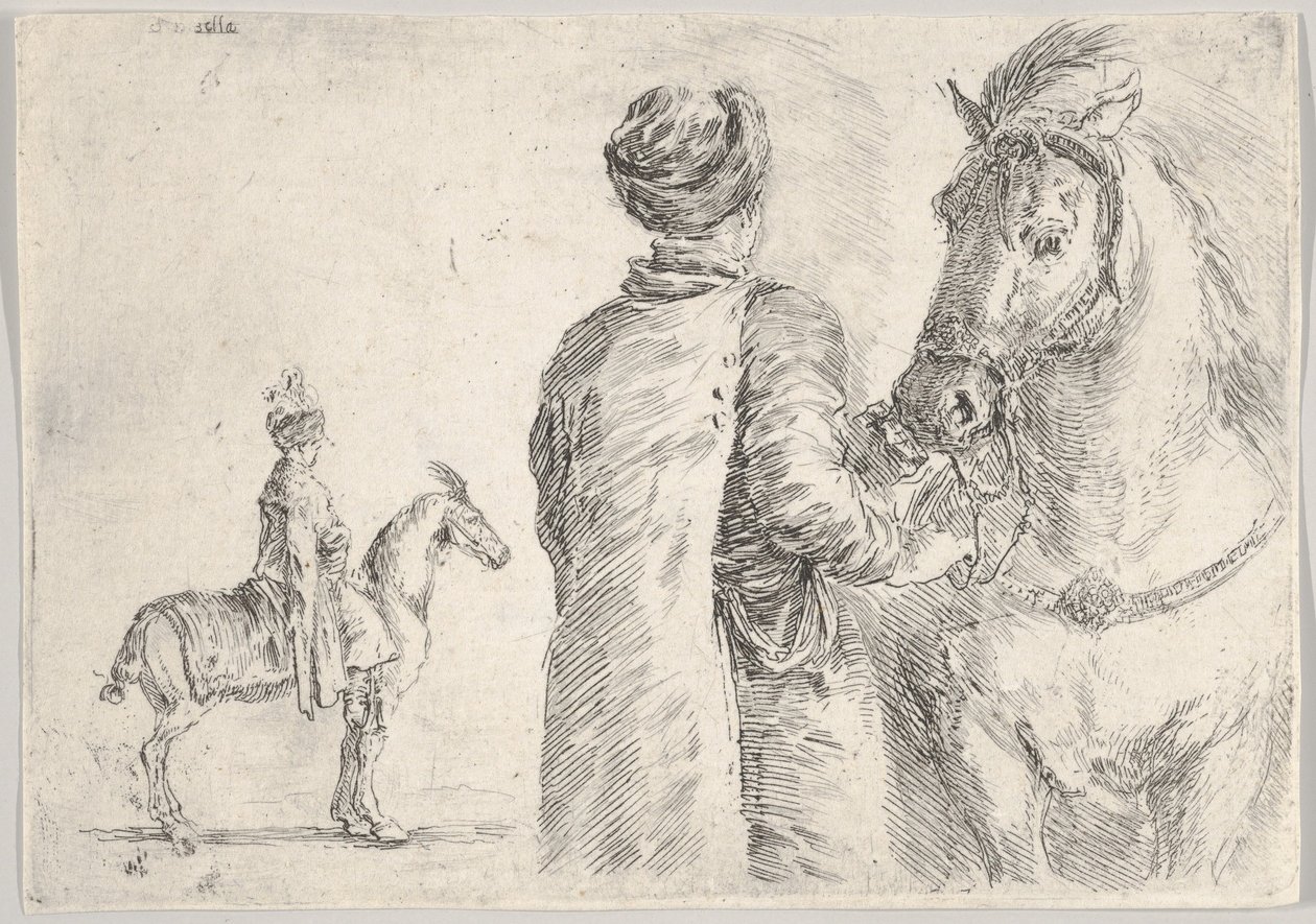 Een Poolse knecht, gezien van achteren, die het hoofdstel van een paard naar rechts vasthoudt, een Poolse ruiter..., ca. 1662 door Stefano della Bella