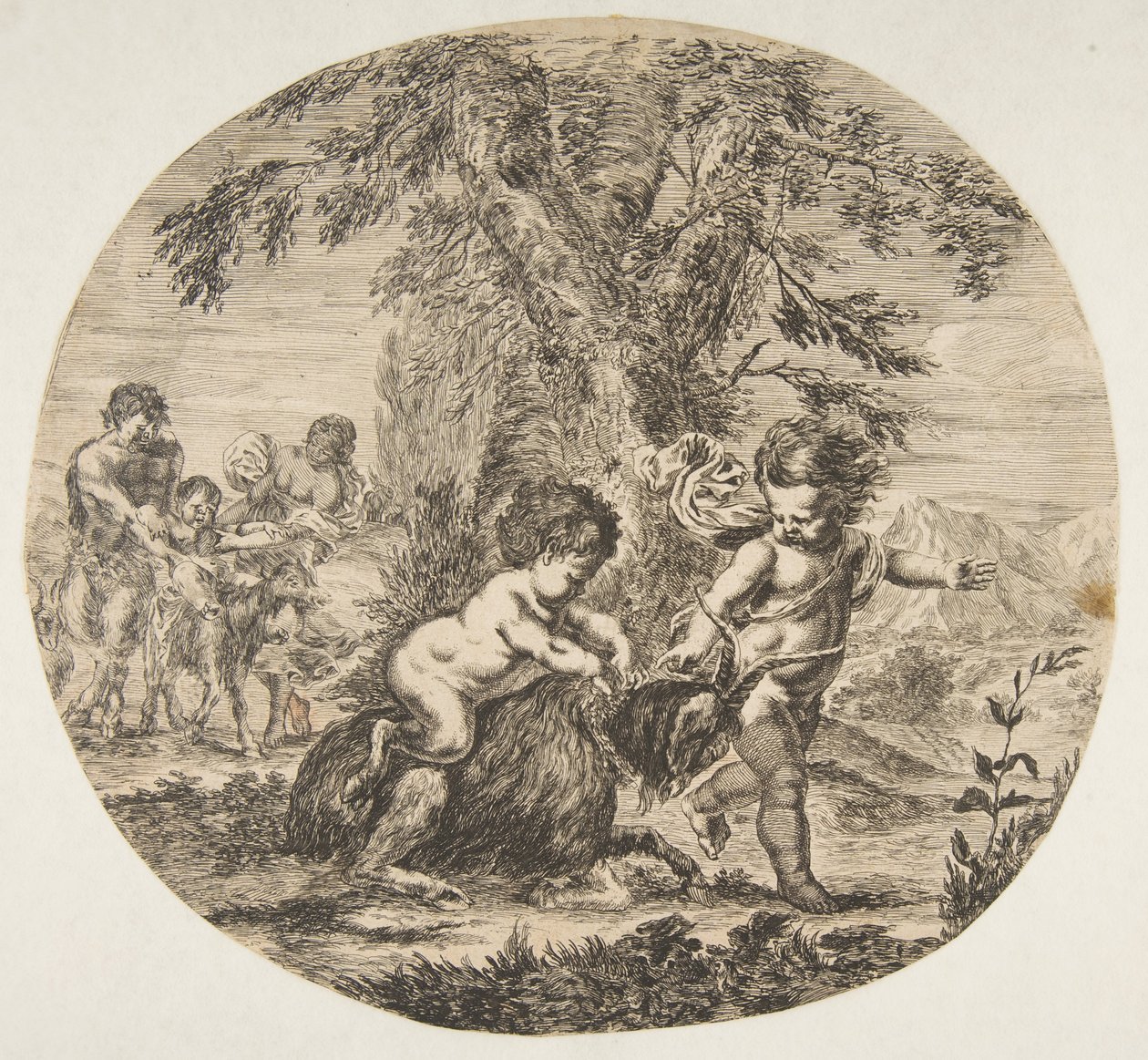Een kind en een saterkind spelen met een geit, ca. 1657 door Stefano della Bella