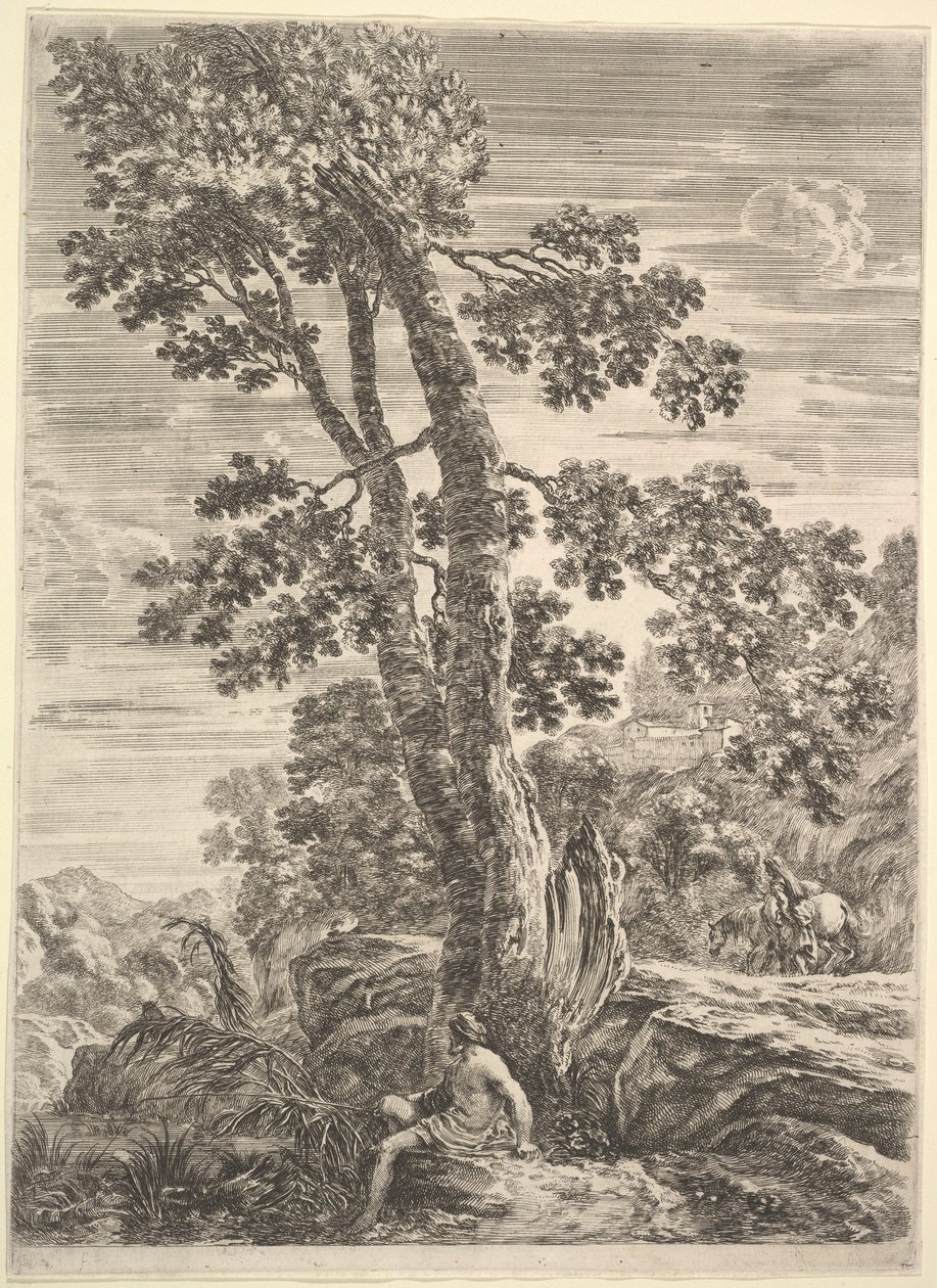 Een visser in het midden naar links gericht en leunend tegen een grote boom, een vrouw wandelend..., ca. 1652-57 door Stefano della Bella