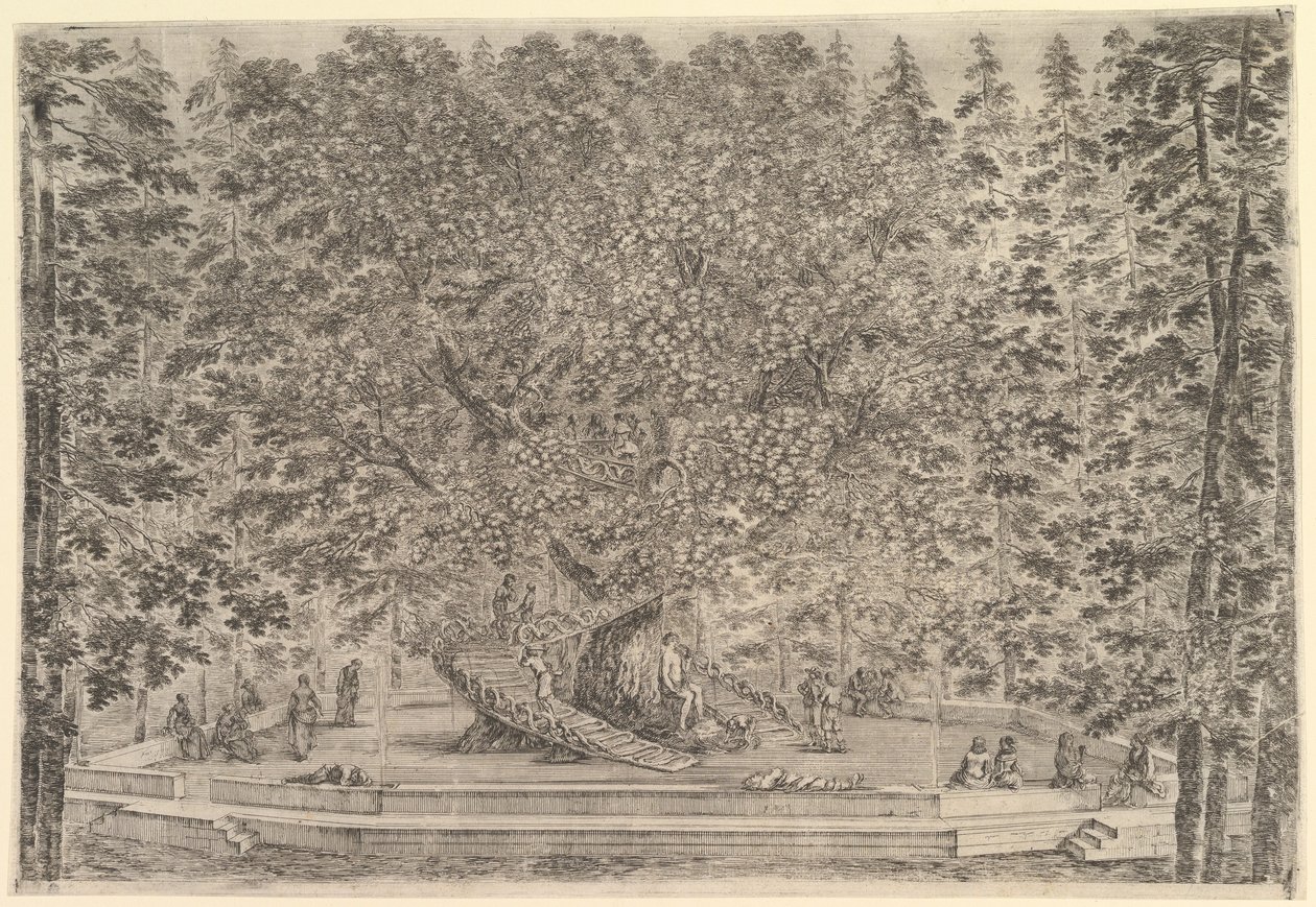 Een grote bewoonde boom in het midden met hellingen rond de stam, onder een stenen pad door Stefano della Bella