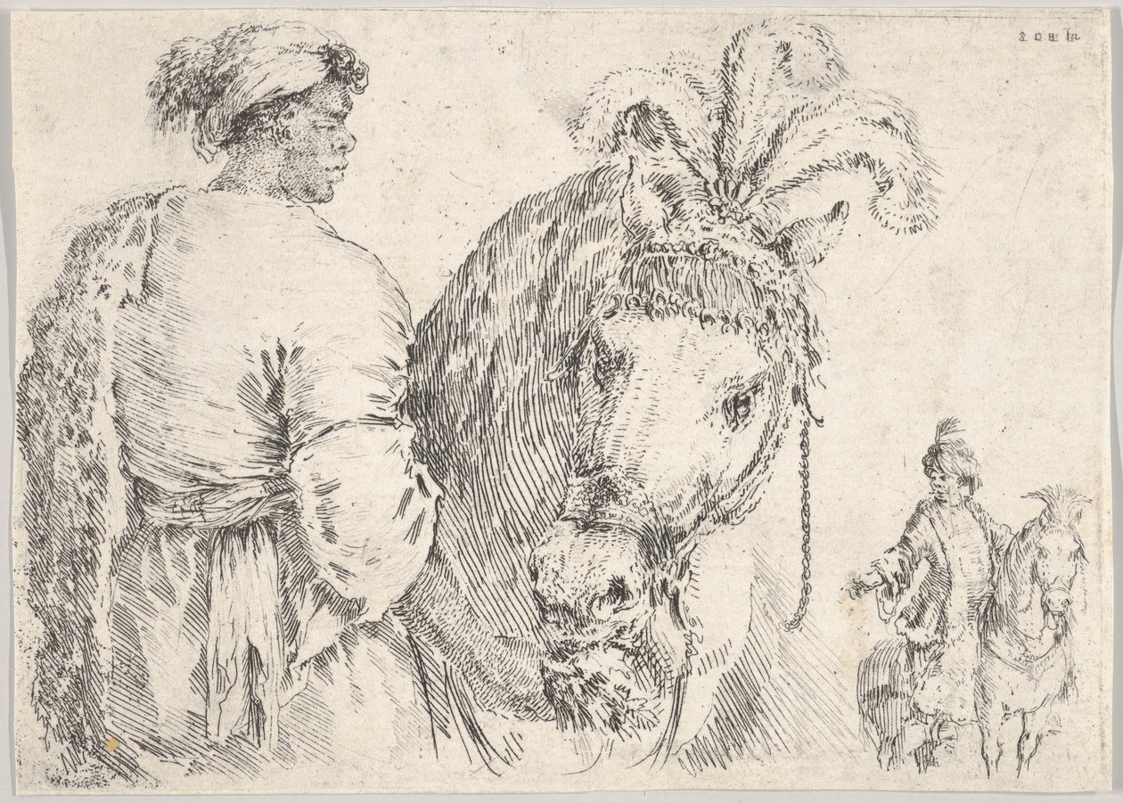 Een man links in profiel die een handvol hooi geeft aan een paard in het midden, een ruiter..., ca. 1662 door Stefano della Bella