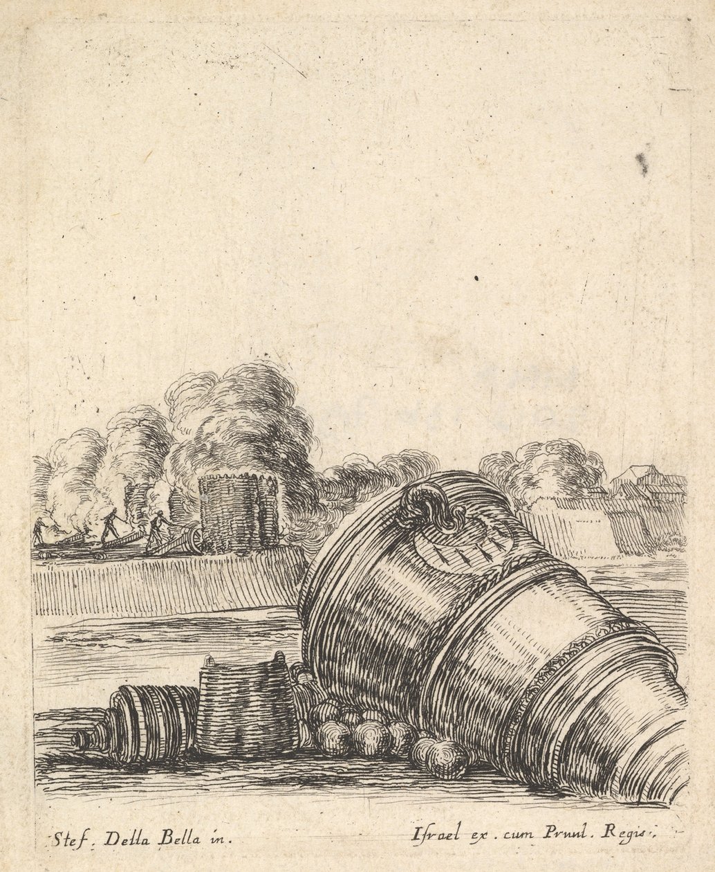Een mortier zonder affuit liggend op de grond rechts, soldaten die kanonnen afvuren, ca. 1638-43 door Stefano della Bella