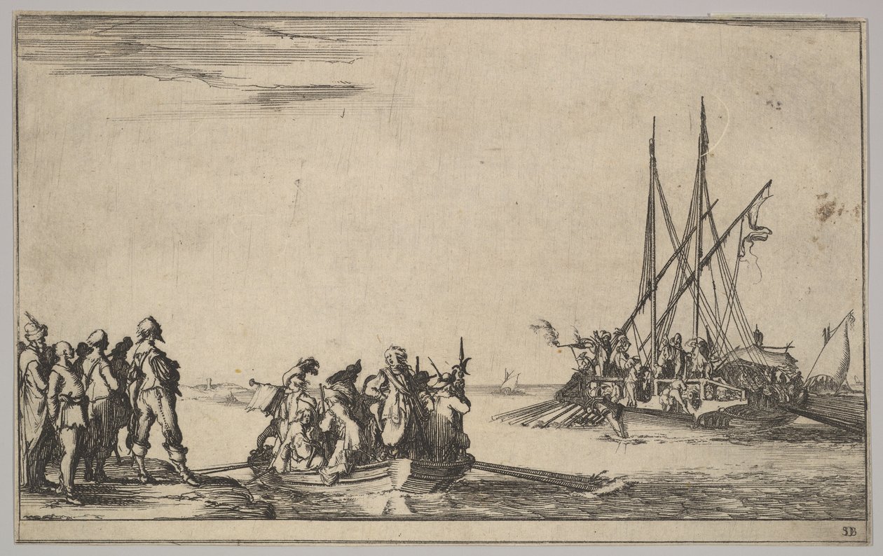 Een roeiboot vol mannen in het midden, een groep mannen staand aan de oever links, een schip vol ..., 1639 door Stefano della Bella
