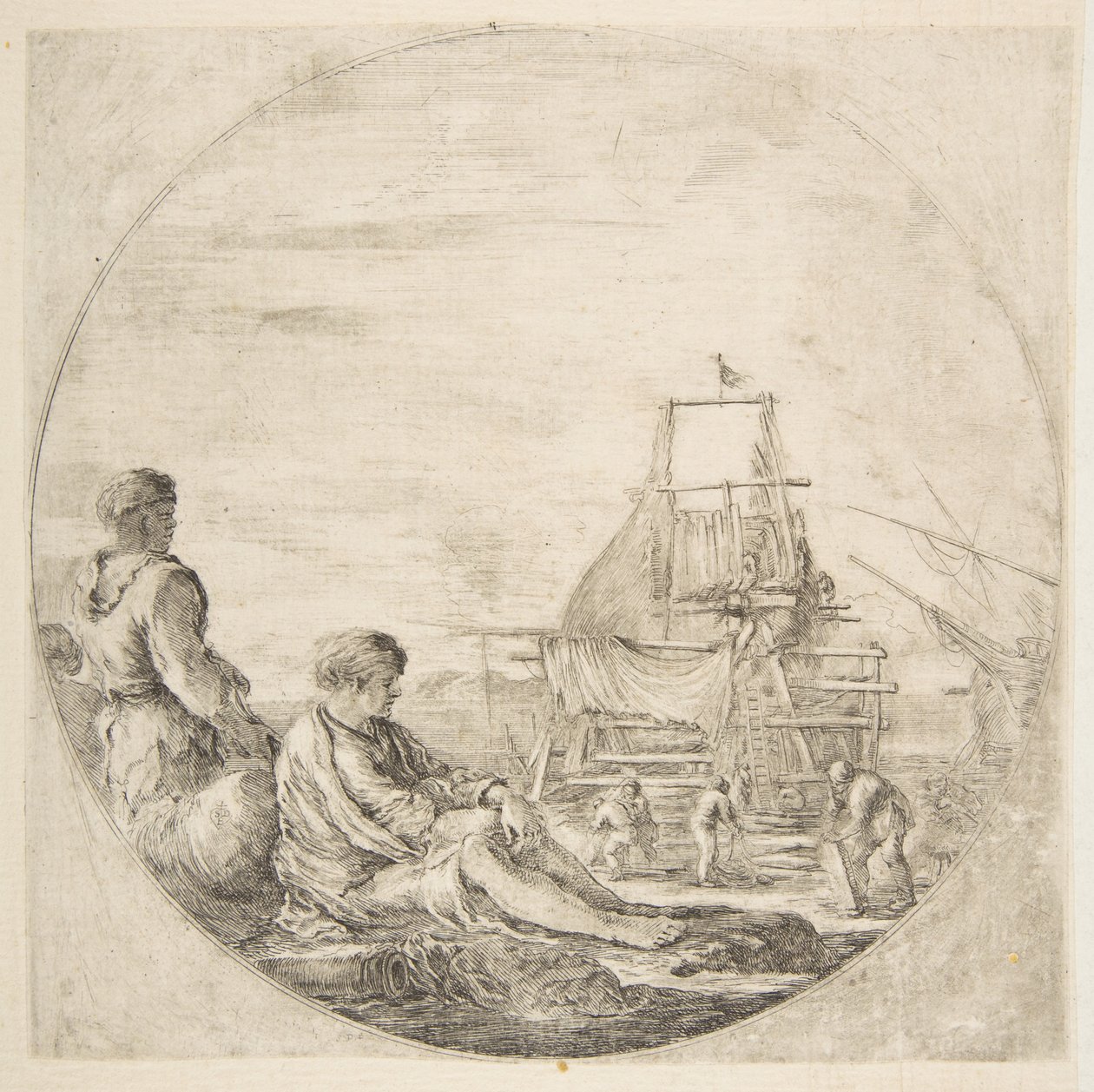 Een zittende witte matroos en een staande zwarte matroos, mensen bouwen een schip op de achtergrond..., ca. 1660 door Stefano della Bella