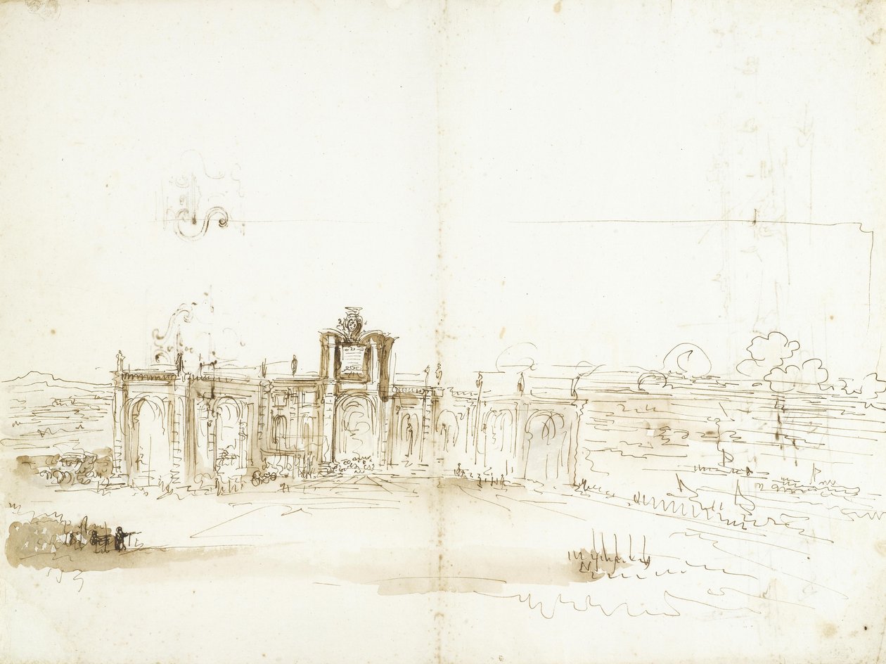 Uitzicht op de haven van Livorno met een gebouw met het wapen van de Medici [recto]; havengezicht en twee ornamentstudies [verso] door Stefano della Bella