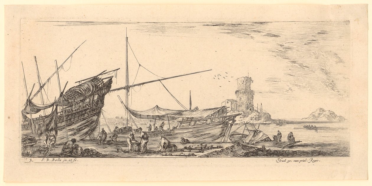Uitzicht op een haven met galeien en arbeiders door Stefano della Bella