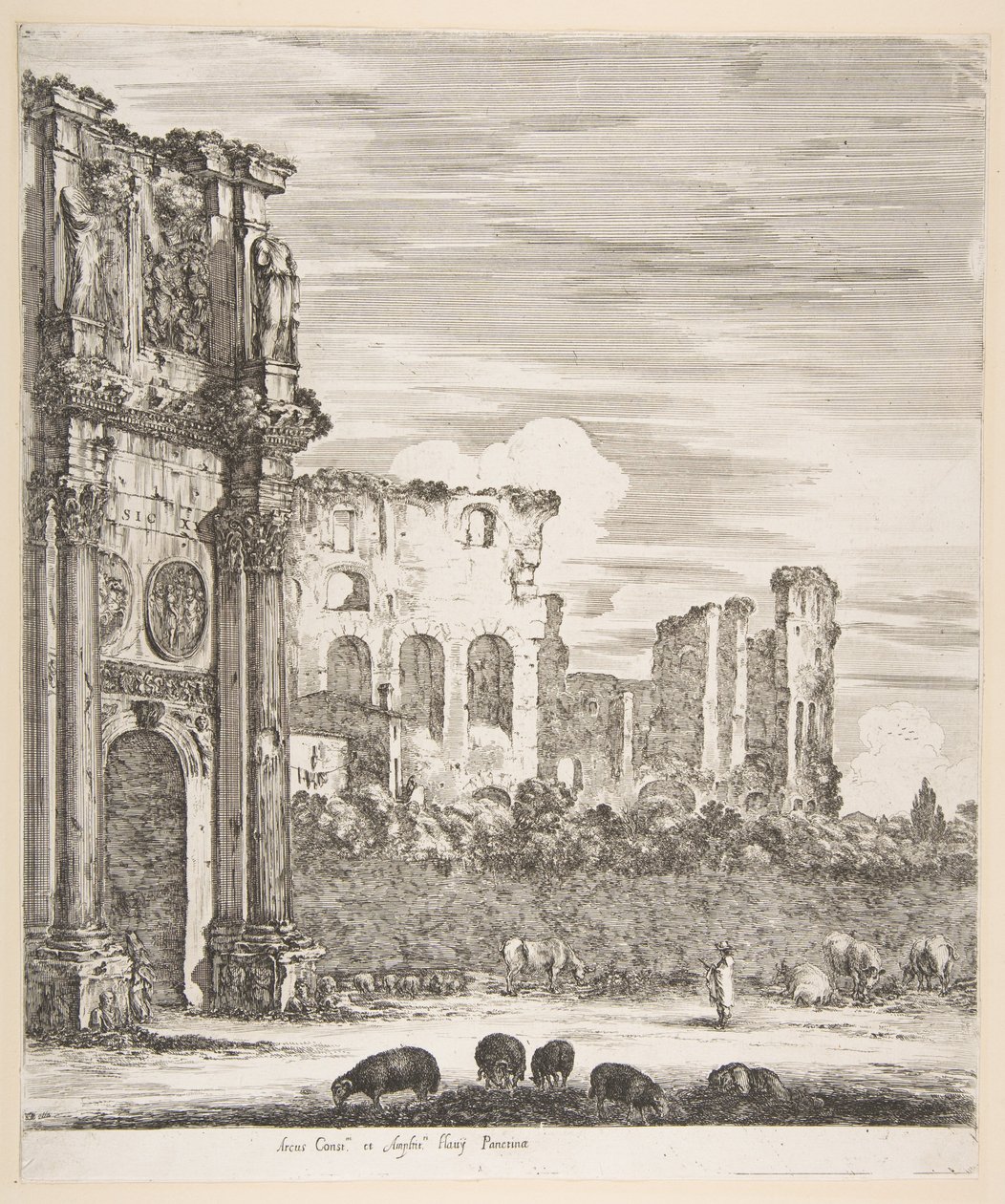 Boog van Constantijn en Colosseum met grazende schapen op de voorgrond, uit "Zes grote gezichten, vier van Rome en twee van de Romeinse Campagna" (Zes grote gezichten, waarvan vier van Rome en twee van de Romeinse Campagna) door Stefano della Bella