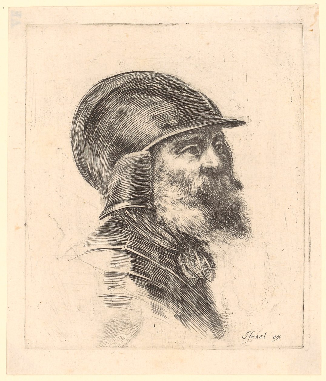 Bebaarde man met helm in driekwartprofiel naar rechts door Stefano della Bella