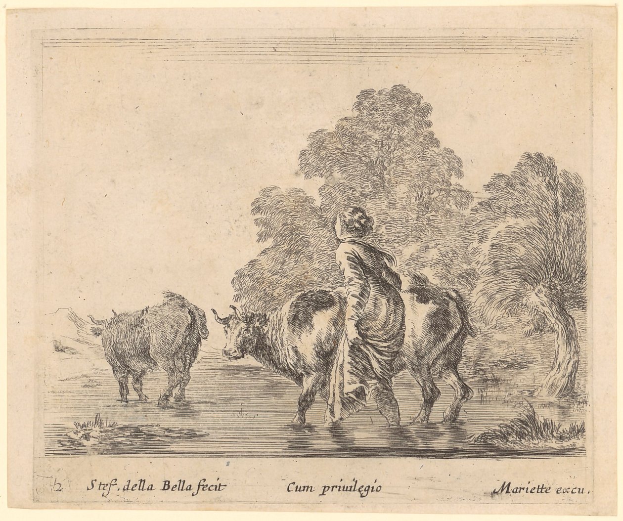 Boerin steekt met twee koeien een rivier over door Stefano della Bella