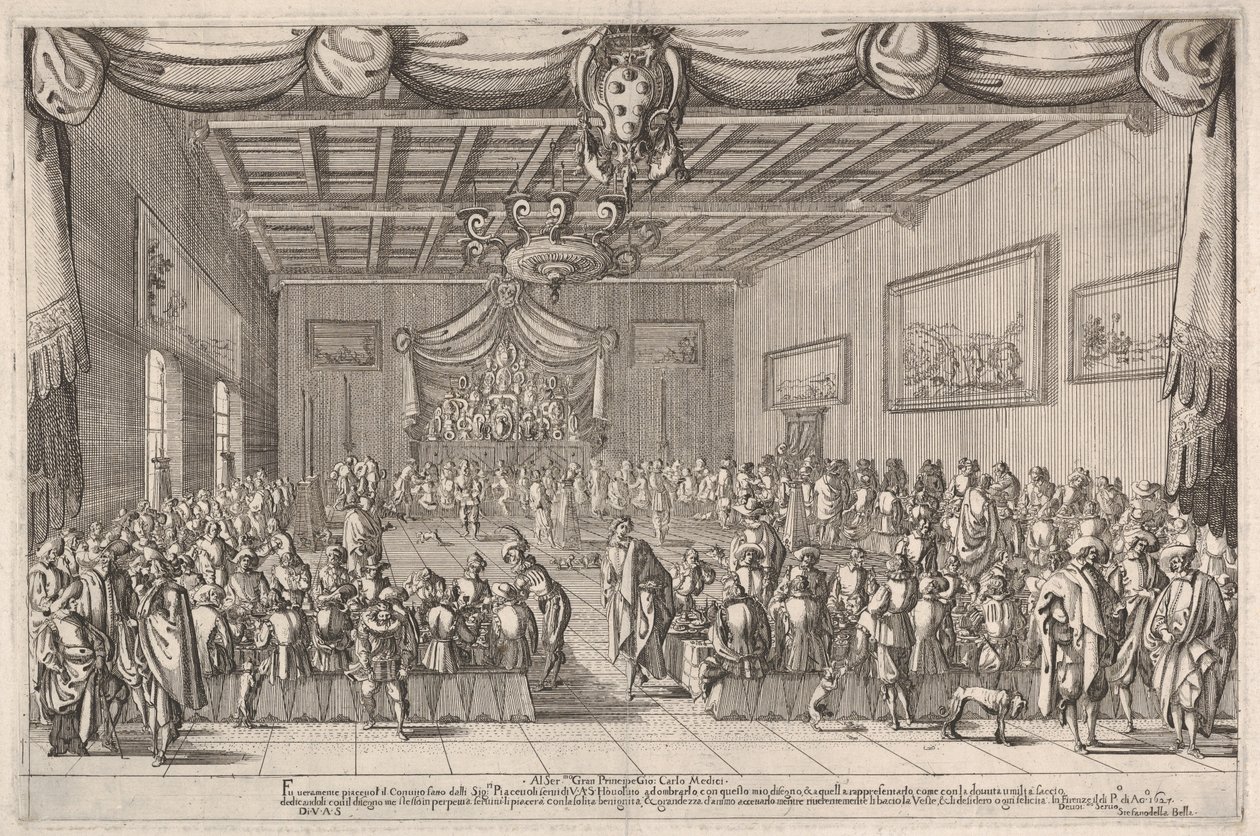 Banket van de Piacevoli, met het wapen van de Medici bovenaan in het midden door Stefano della Bella