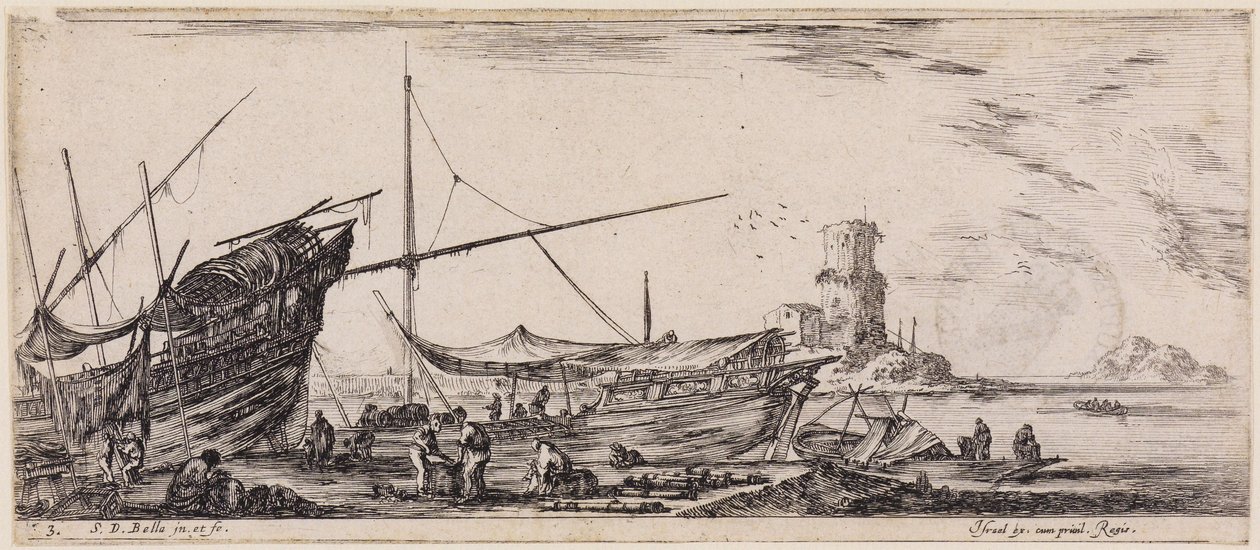 Het laden van verschillende schepen (Divers embarquements): havenarbeiders en zes kanonnen door Stefano della Bella
