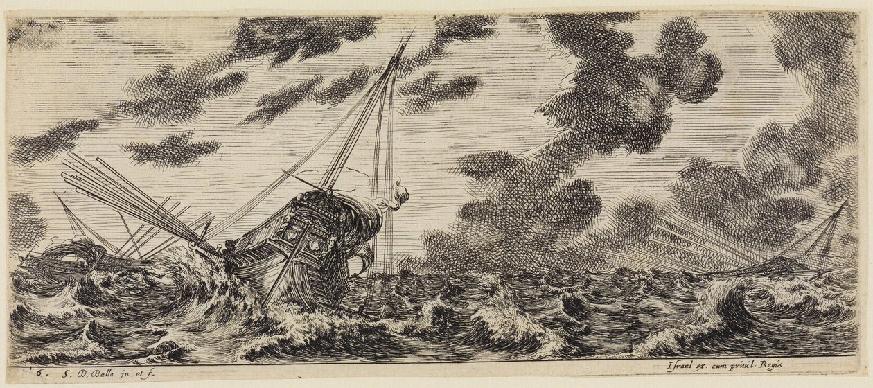 Het laden van verschillende schepen (Divers embarquements): drie galeien in de storm door Stefano della Bella