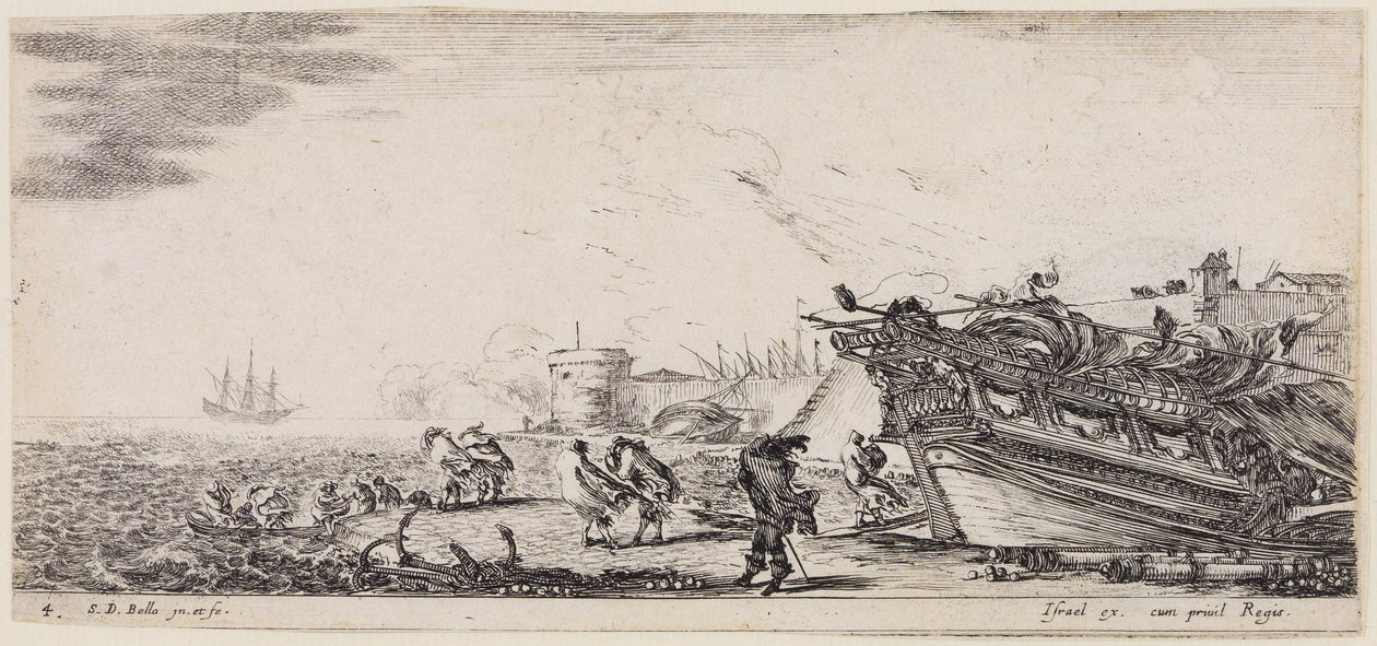 Het laden van verschillende schepen (Divers embarquements): mensen bij harde wind op de aanlegsteiger, rechts de boeg van een schip door Stefano della Bella