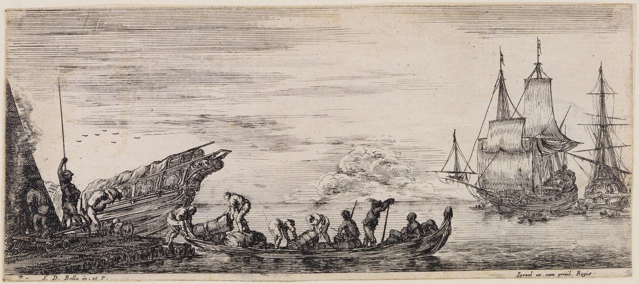 Laden van verschillende schepen: links een laadkade met wachtpost en havenarbeiders die een boot lossen door Stefano della Bella