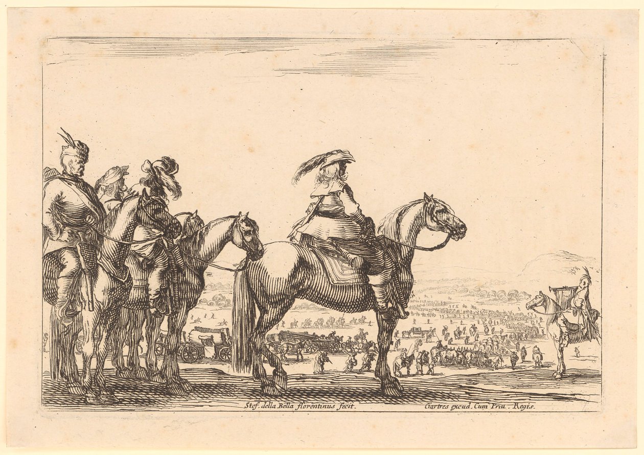 Commandant te paard, met achter hem de cavalerie, blad 3 uit de serie „Diverse figuren” door Stefano della Bella